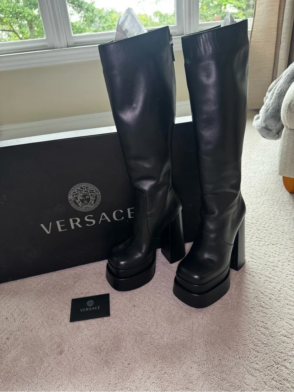Versace Aevitas Leather Platform Black Knee-High Boots. 36 1/2